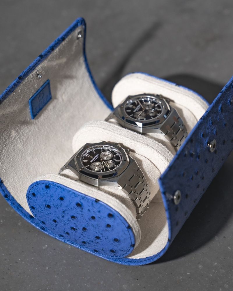 Etier Gusto Double Watch Roll Blue Ostrich Leather