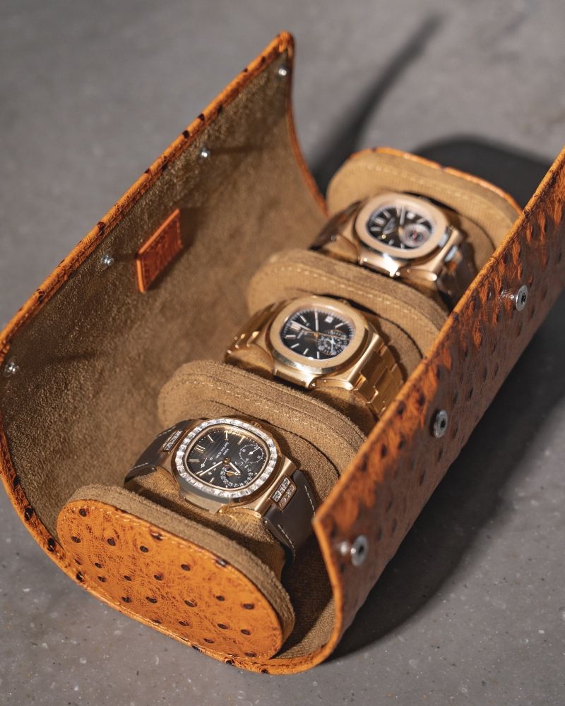 Etier Gusto Triple Watch Roll Tan Ostrich Leather