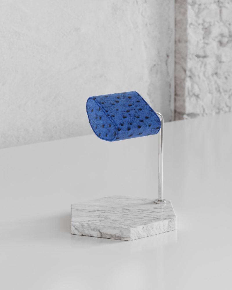 Etier Single Watch Stand Carrara Marble & Blue Ostrich Leather