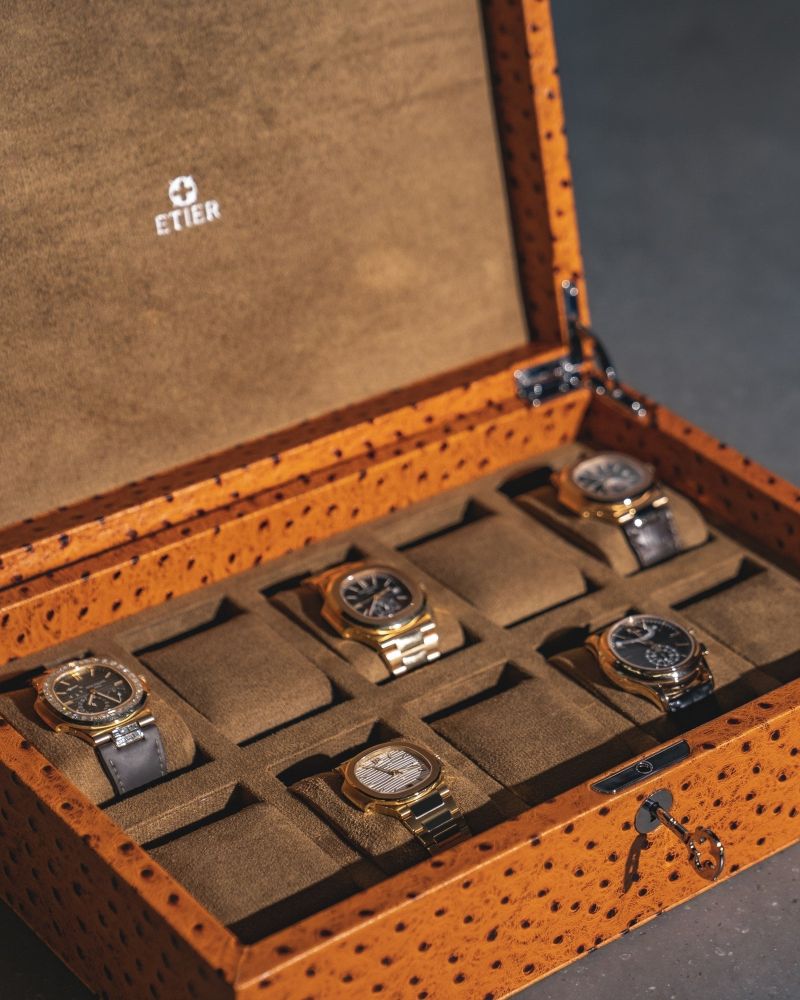 Etier Struzzo Ten Watch Case Tan Ostrich Leather