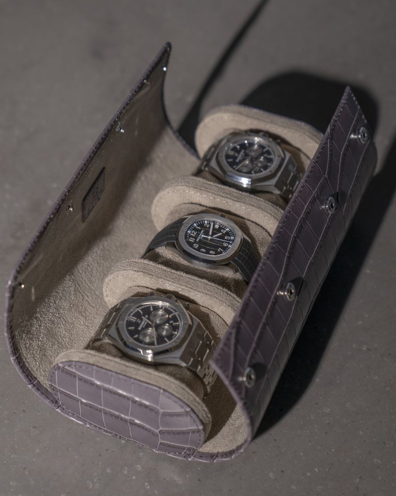 Etier Verdi Triple Watch Roll Grey Crocodile Leather