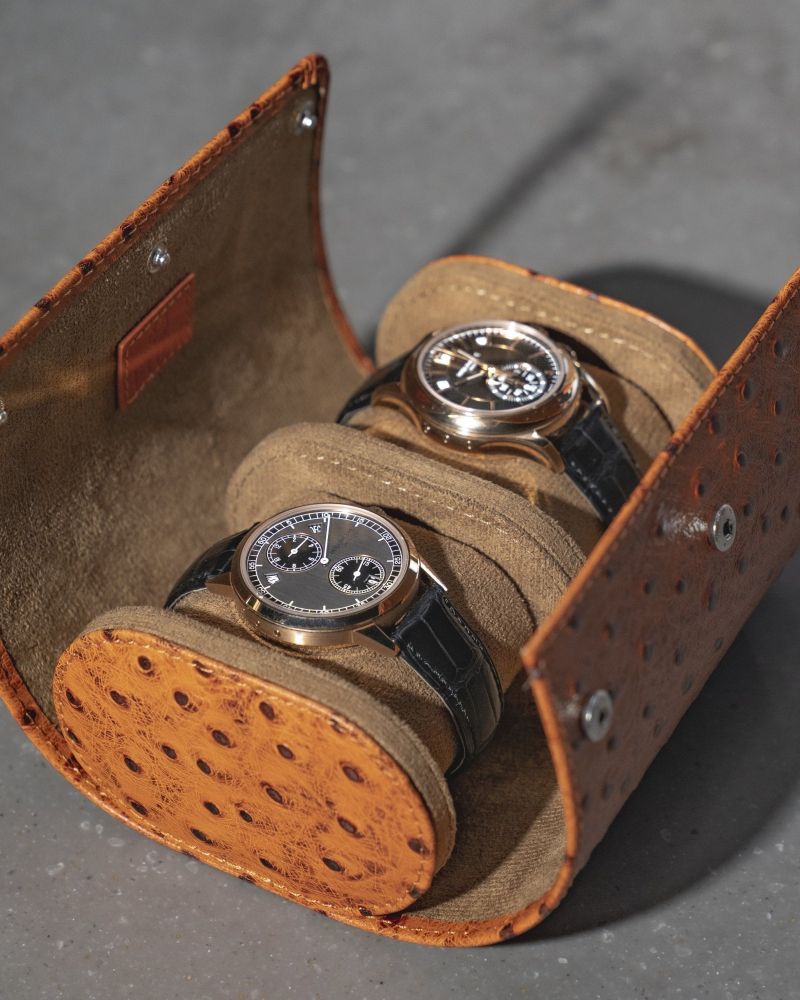 Etier Gusto Double Watch Roll Tan Ostrich Leather
