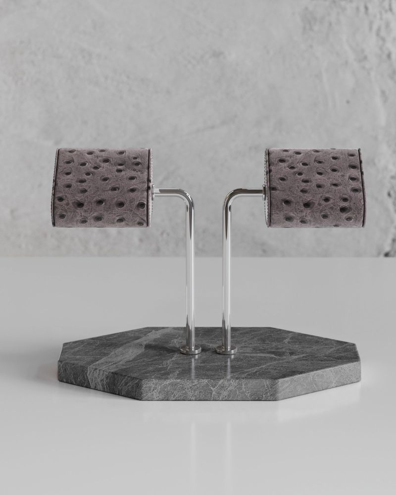Etier Double Watch Stand Hermes Marble & Grey Ostrich Leather