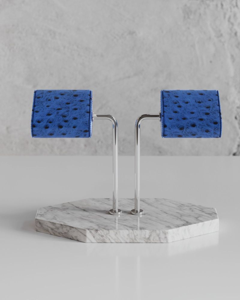 Etier Double Watch Stand Carrara Marble & Blue Ostrich Leather