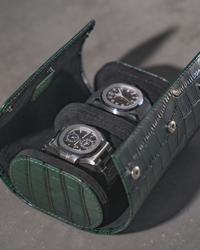 Etier Verdi Double Watch Roll Green Crocodile Leather