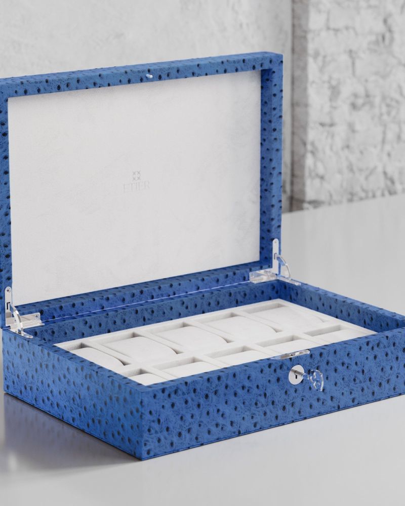 Etier Watch Rolls & Case Blue Ostrich Leather Set