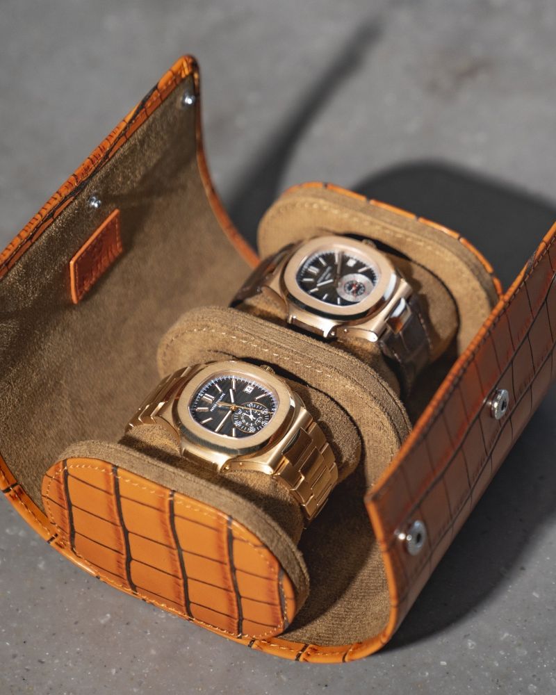 Etier Verdi Double Watch Roll Tan Crocodile Leather