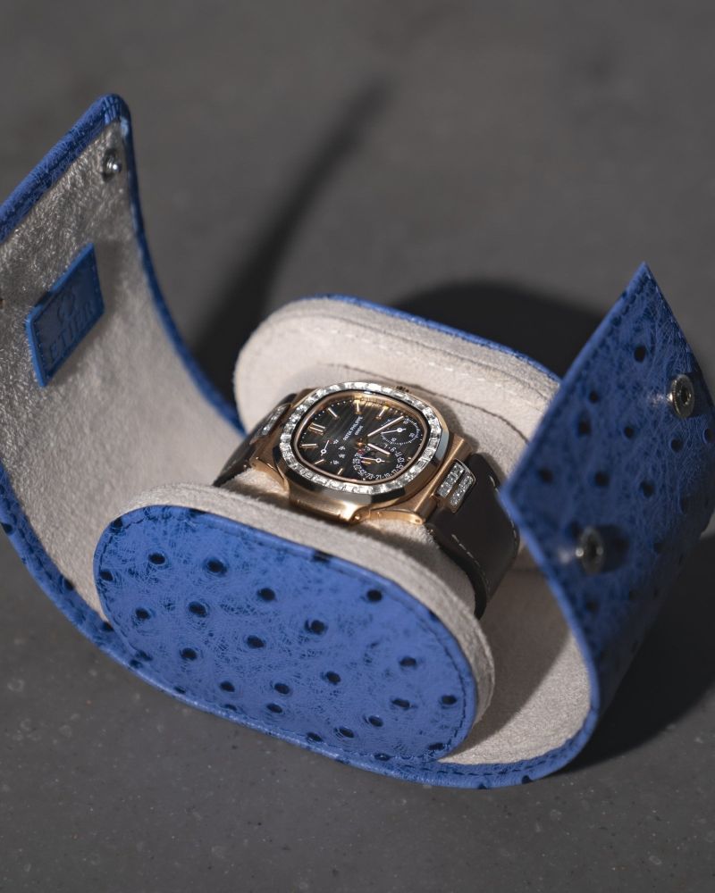 Etier Gusto Single Watch Roll Blue Ostrich Leather