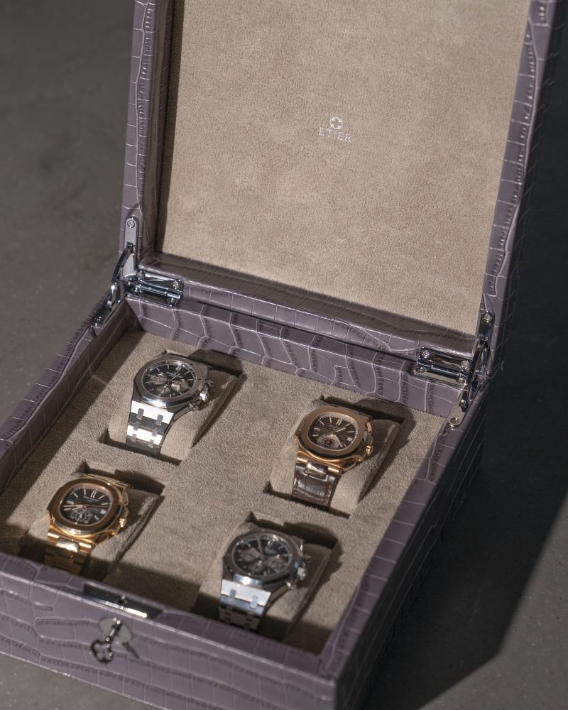 ETIER Tempo Four Watch Case Grey Crocodile Leather