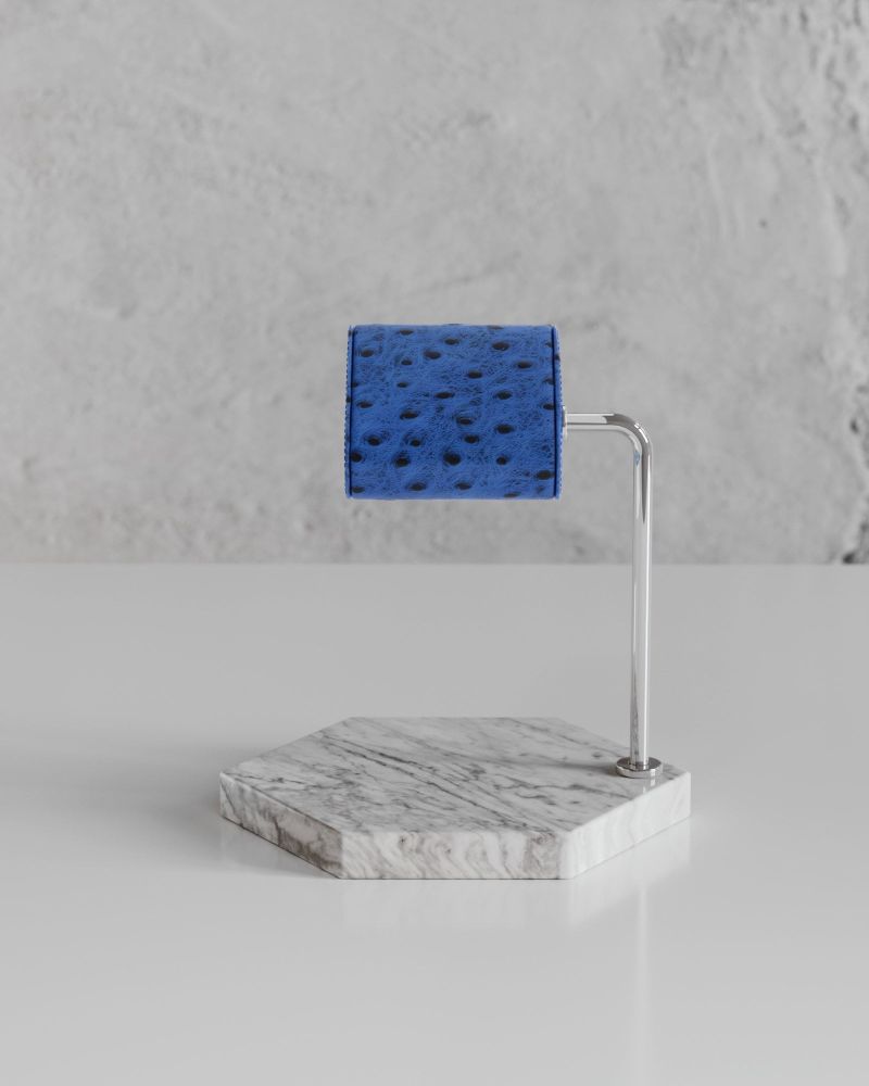 Etier Single Watch Stand Carrara Marble & Blue Ostrich Leather