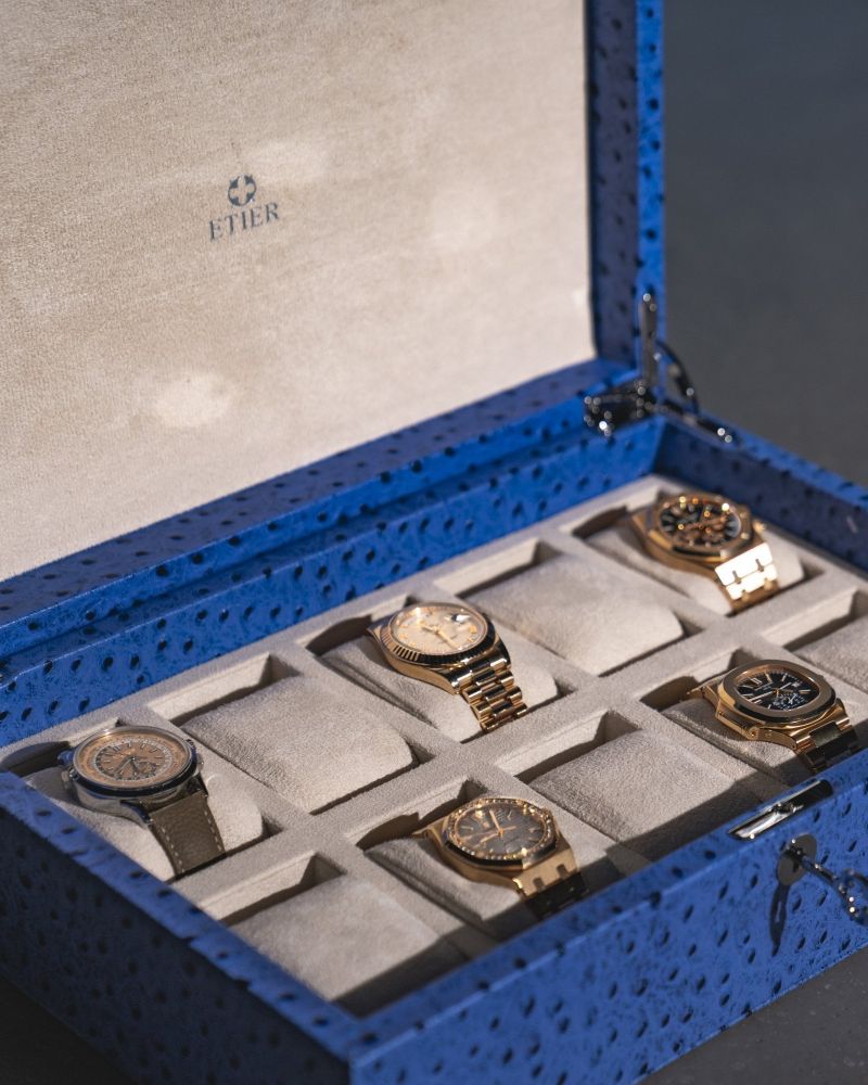 Etier Struzzo Ten Watch Case Blue Ostrich Leather