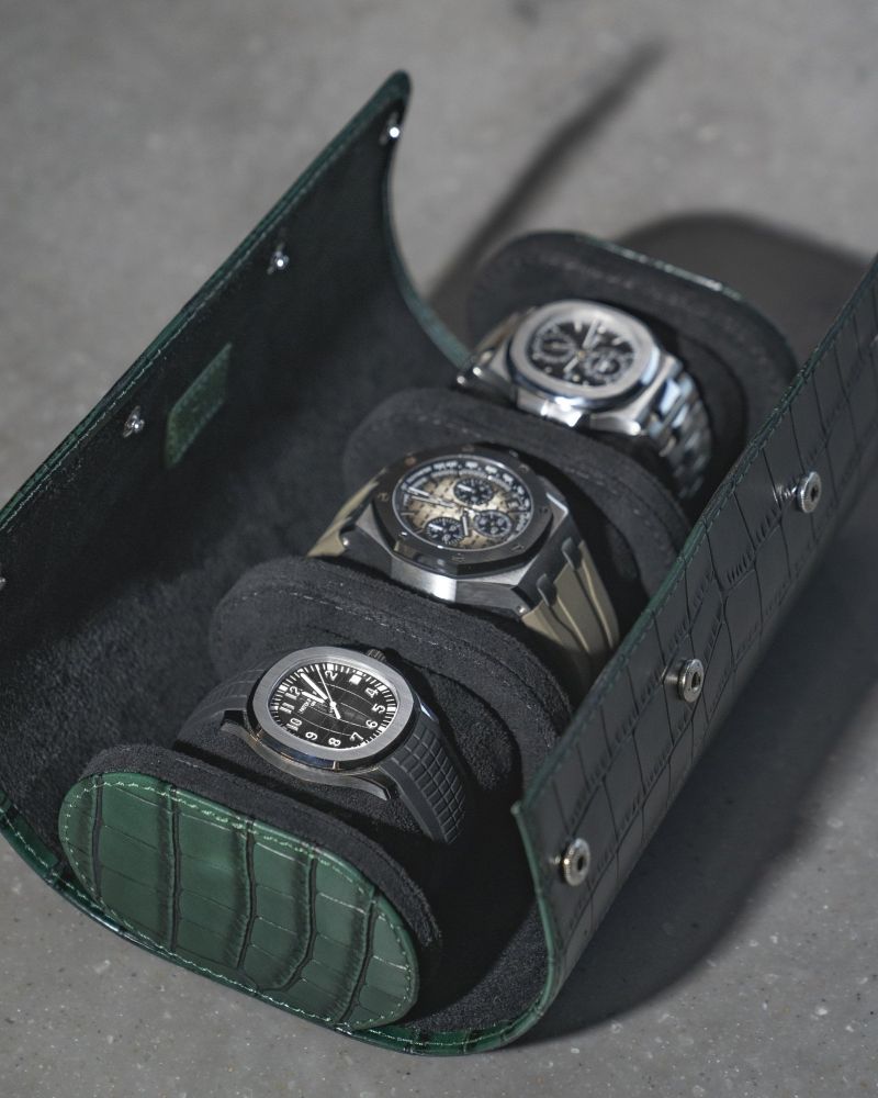 Etier Verdi Triple Watch Roll Green Crocodile Leather