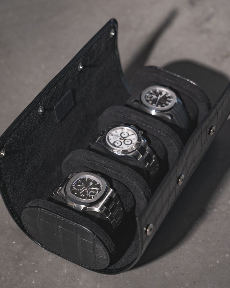 Etier Verdi Triple Watch Roll Black Crocodile Leather
