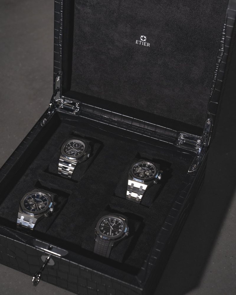 Etier Tempo Four Watch Case Black Crocodile Leather