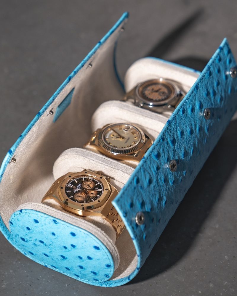 Etier Gusto Triple Watch Roll Aqua Ostrich Leather