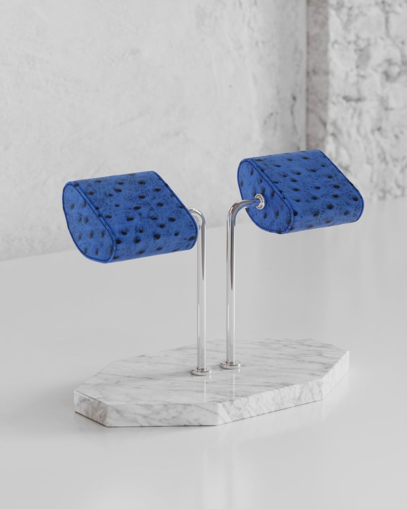 Etier Double Watch Stand Carrara Marble & Blue Ostrich Leather