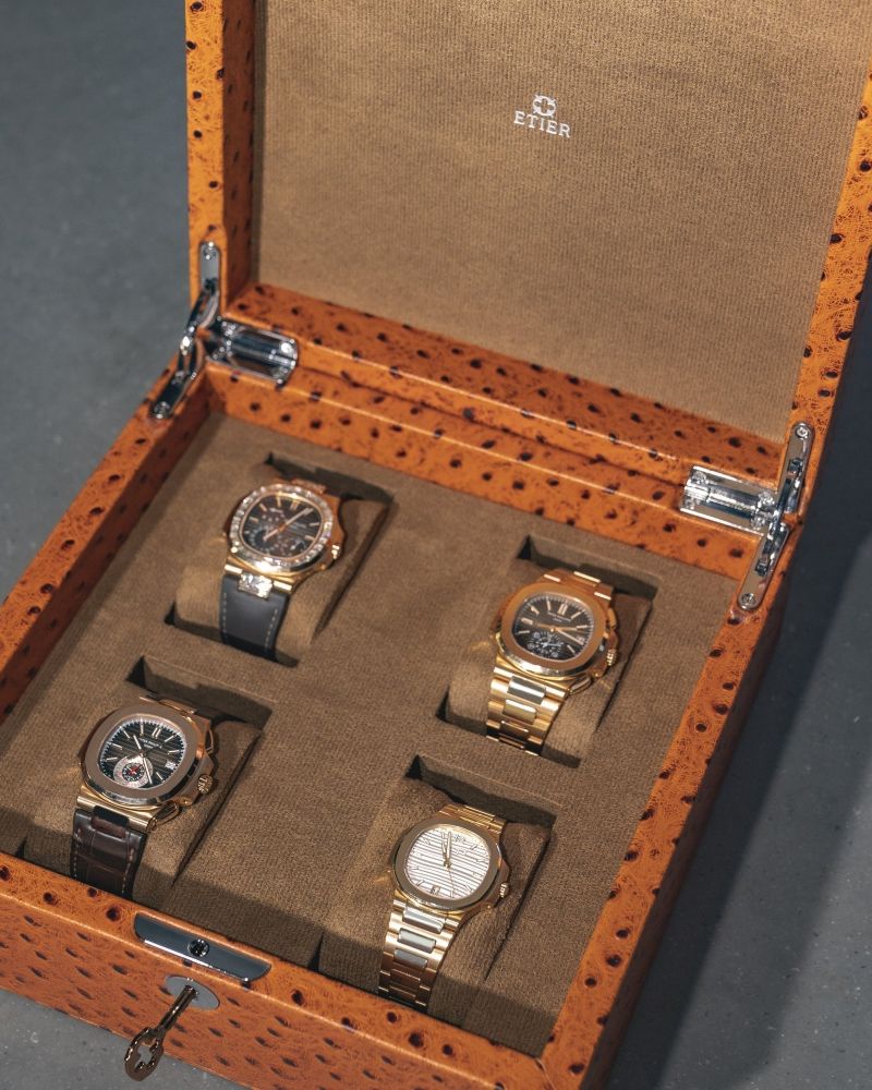 Etier Vigo Four Watch Case Tan Ostrich Leather