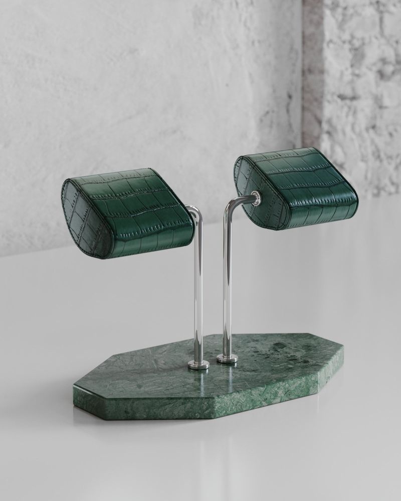 Etier Double Watch Stand Verde Marble & Green Crocodile Leather