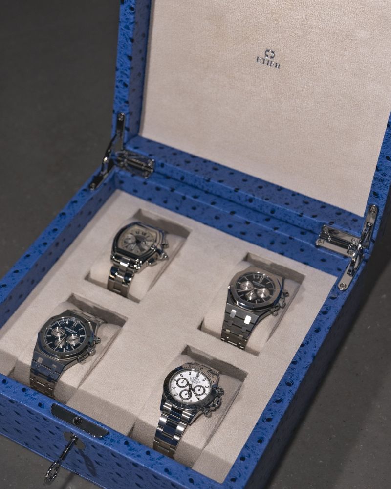 Etier Vigo Four Watch Case Blue Ostrich Leather