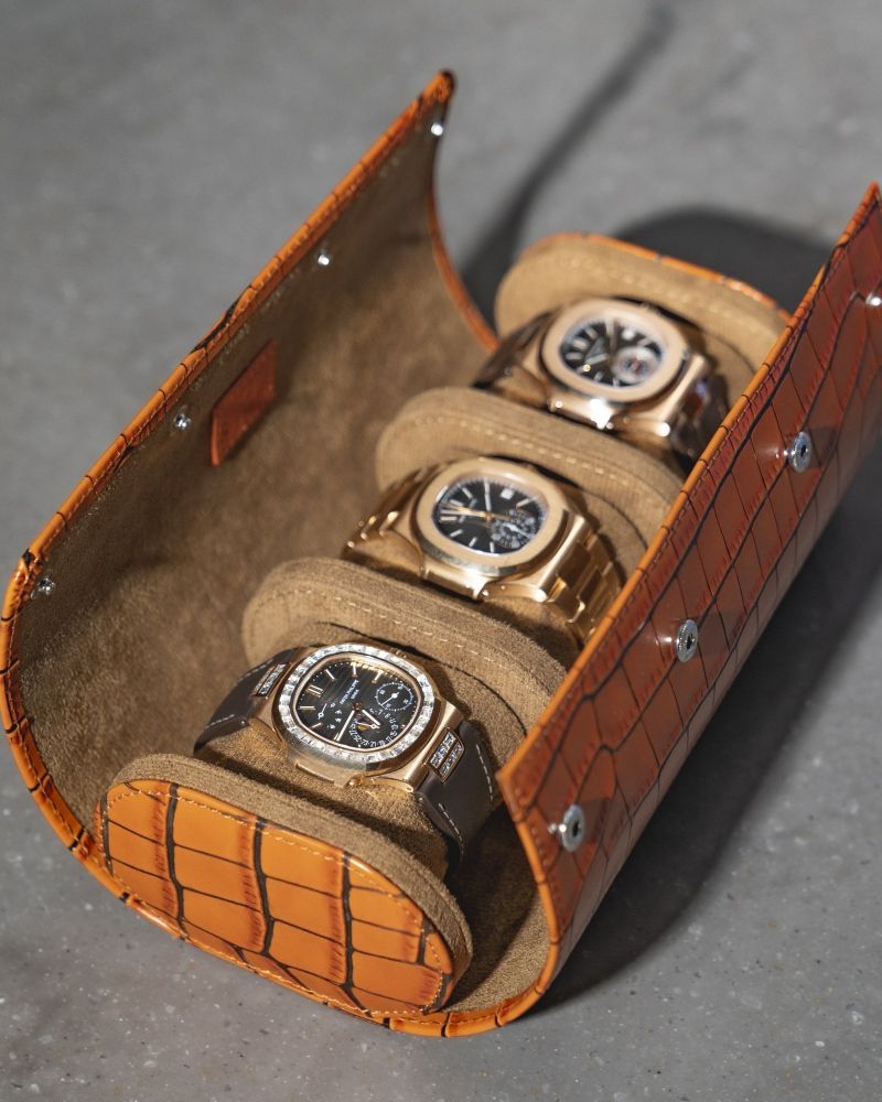 Etier Verdi Triple Watch Roll Tan Crocodile Leather