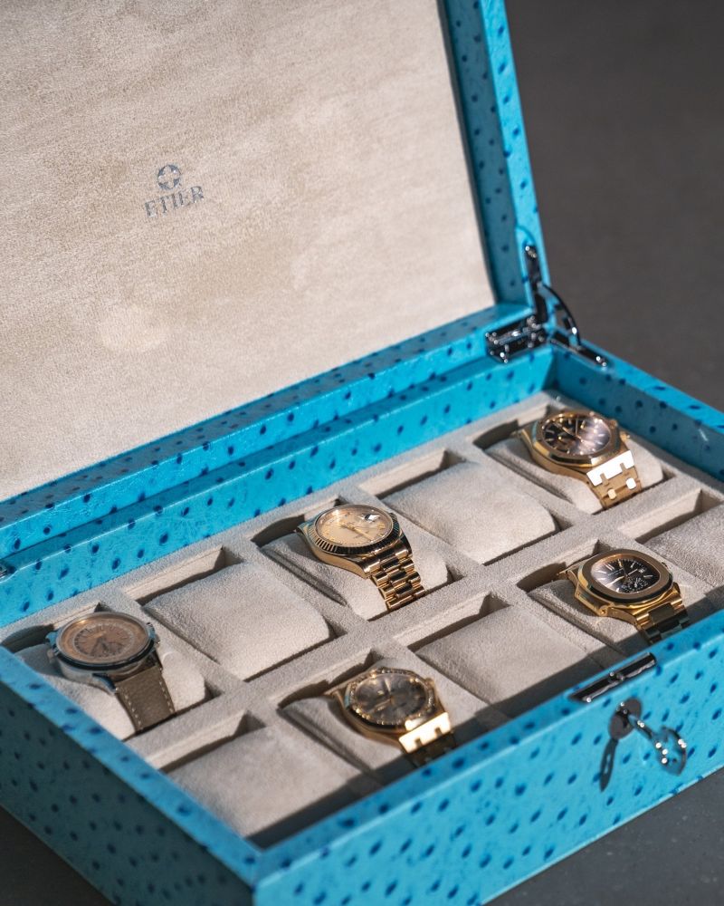 Etier Struzzo Ten Watch Case Aqua Ostrich Leather