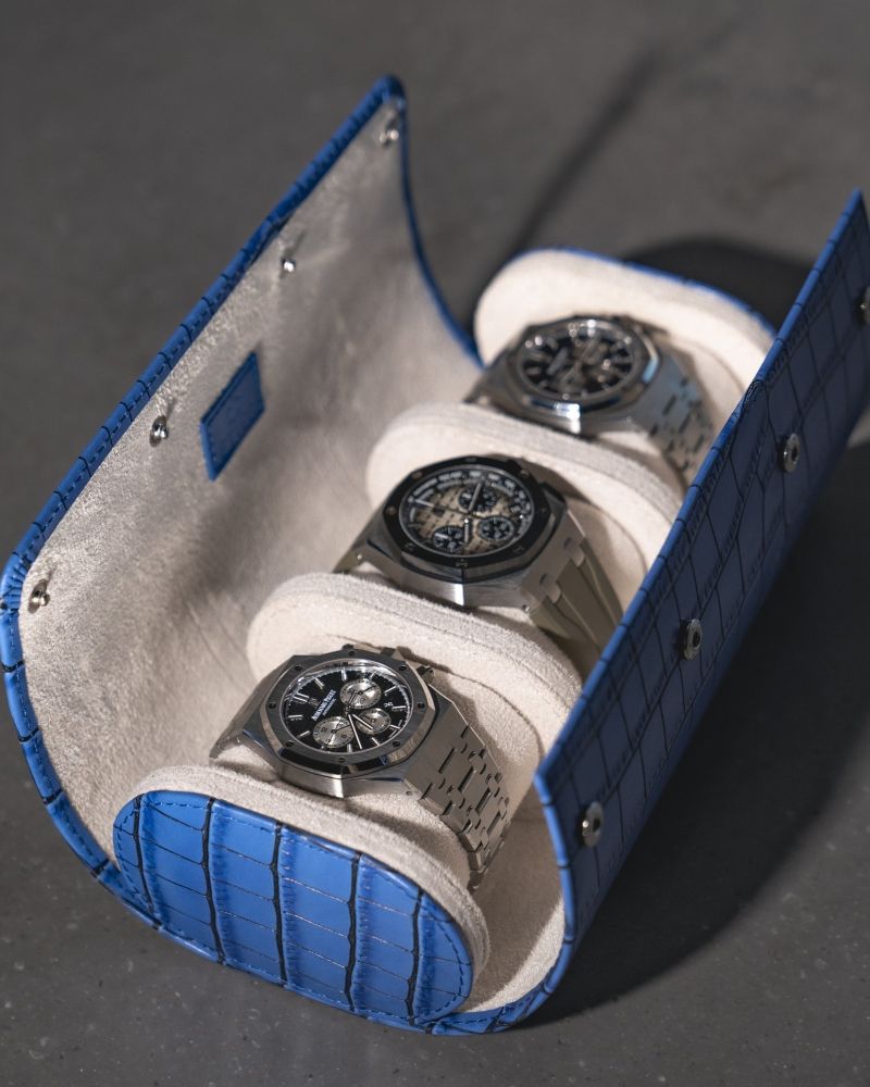 Etier Verdi Triple Watch Roll Blue Crocodile Leather