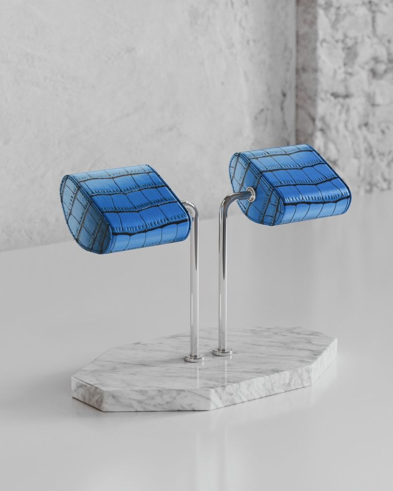 Etier Double Watch Stand Carrara Marble & Blue Crocodile Leather