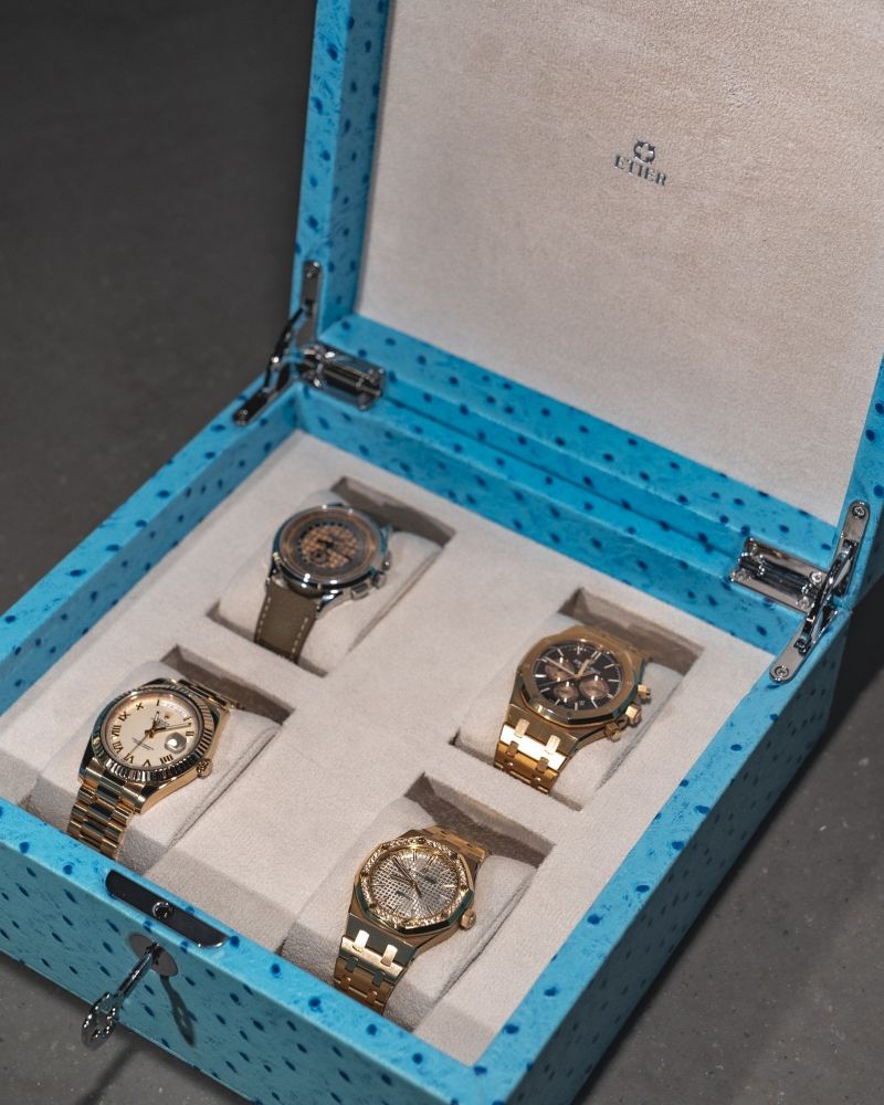 Etier Vigo Four Watch Case Aqua Ostrich Leather