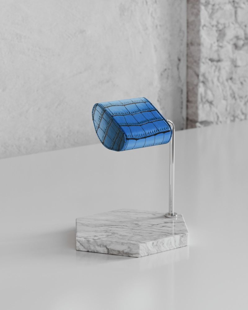 Etier Single Watch Stand Carrara Marble & Blue Crocodile Leather