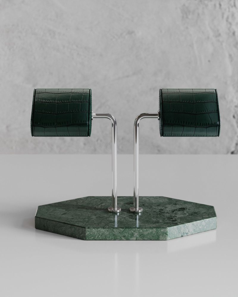 Etier Double Watch Stand Verde Marble & Green Crocodile Leather