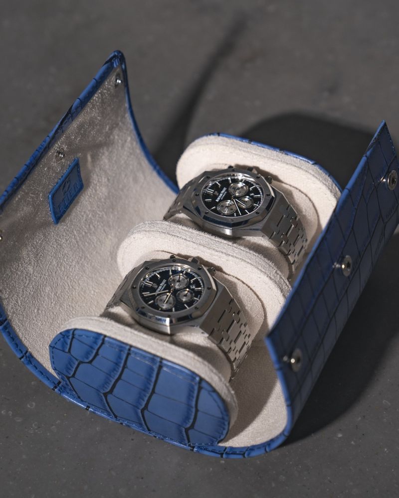 Etier Verdi Double Watch Roll Blue Crocodile Leather