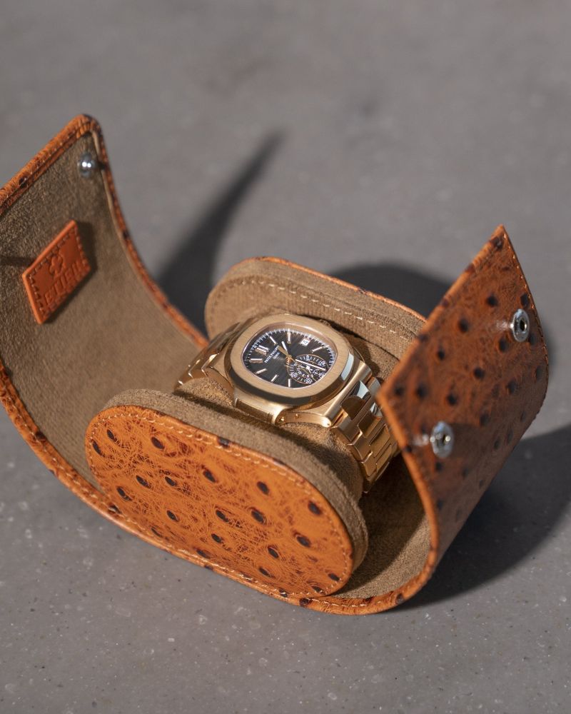 Etier Gusto Single Watch Roll Tan Ostrich Leather