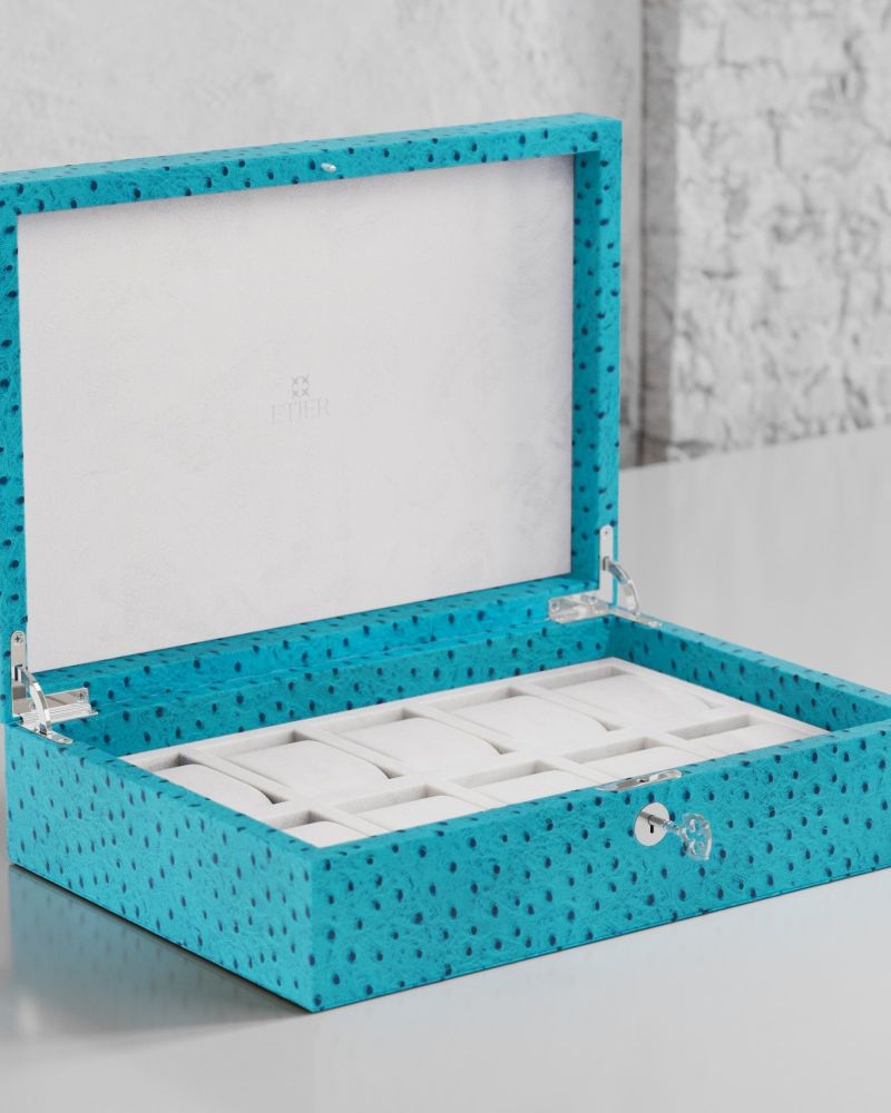 Etier Watch Rolls & Case Aqua Ostrich Leather Set