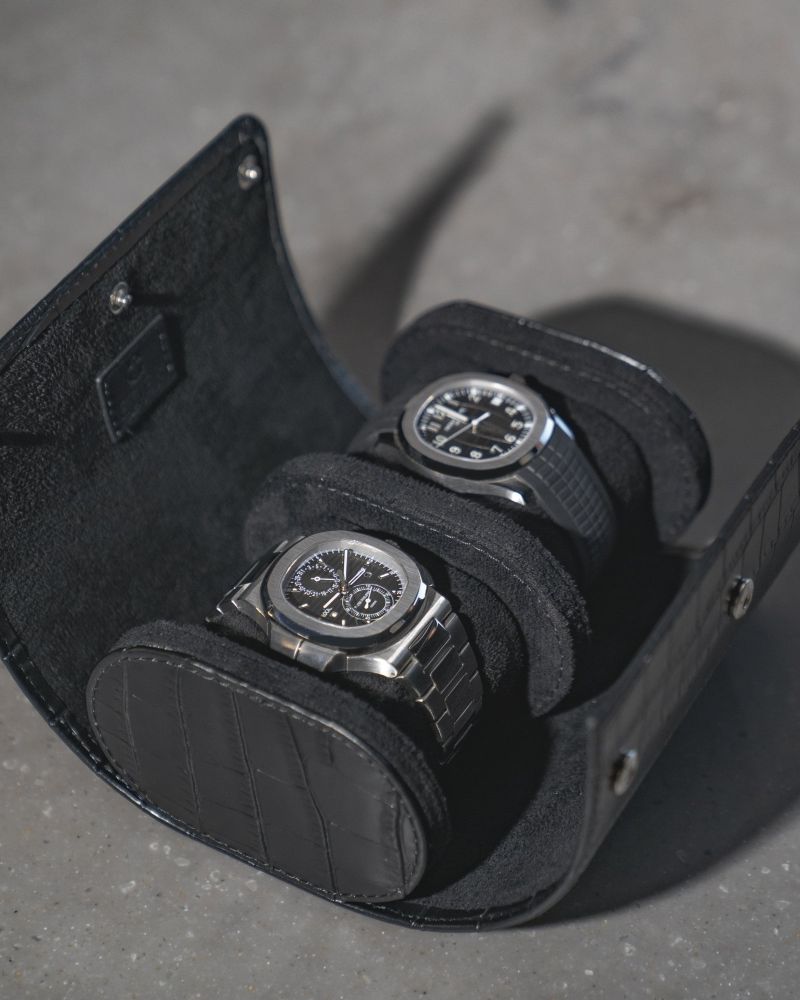 Etier Verdi Double Watch Roll Black Crocodile Leather