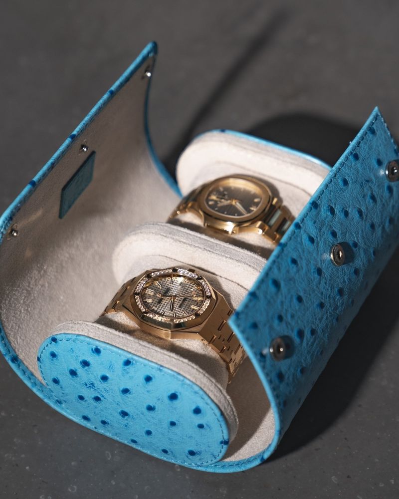 Etier Gusto Double Watch Roll Aqua Ostrich Leather