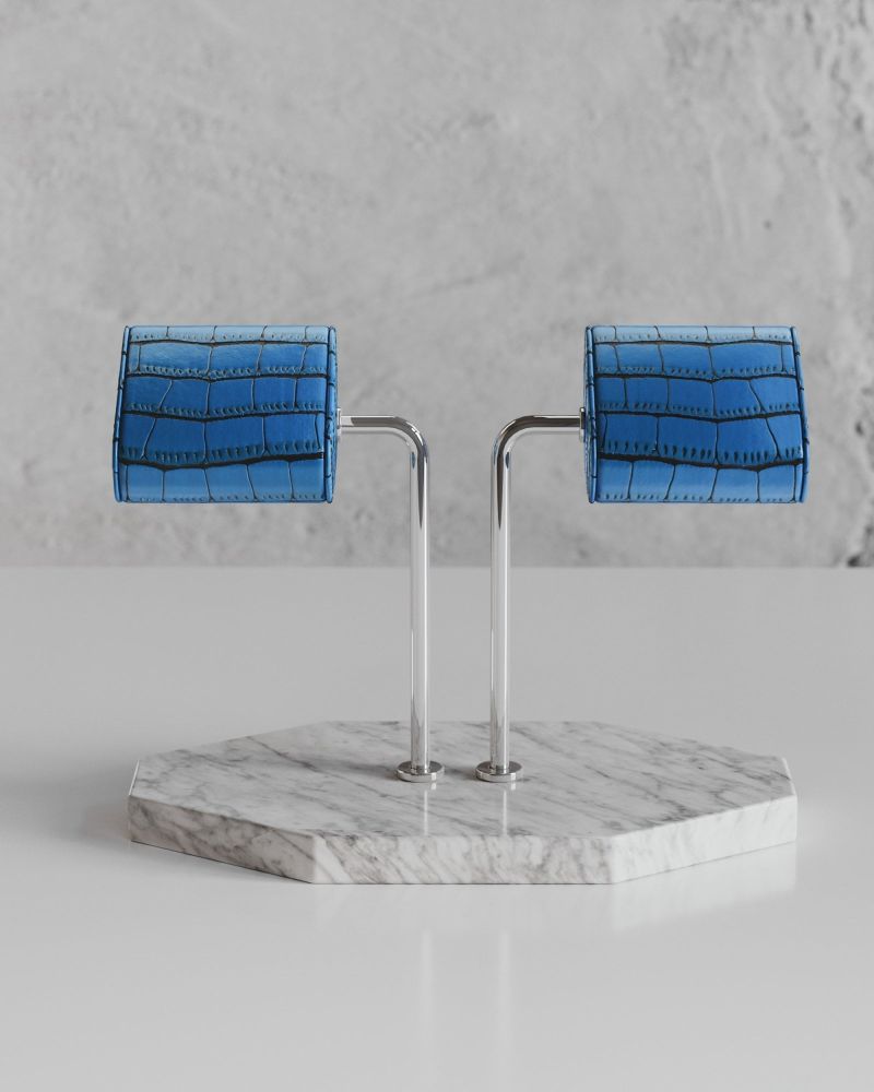 Etier Double Watch Stand Carrara Marble & Blue Crocodile Leather