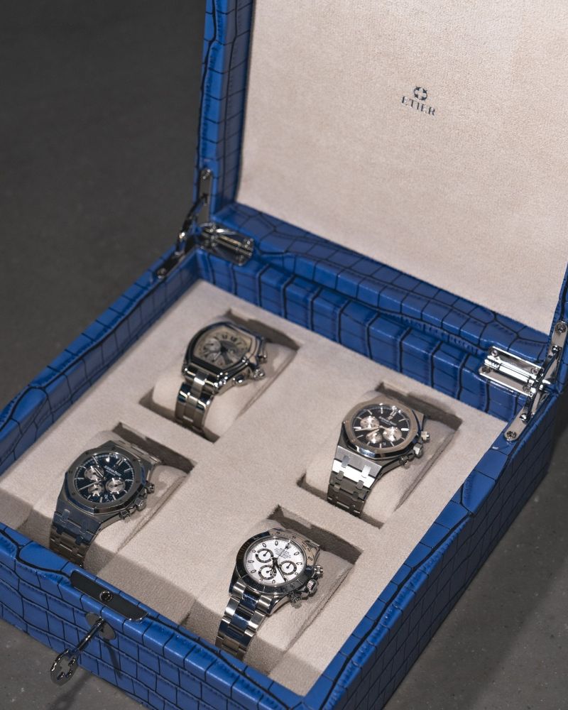Etier Tempo Four Watch Case Blue Crocodile Leather