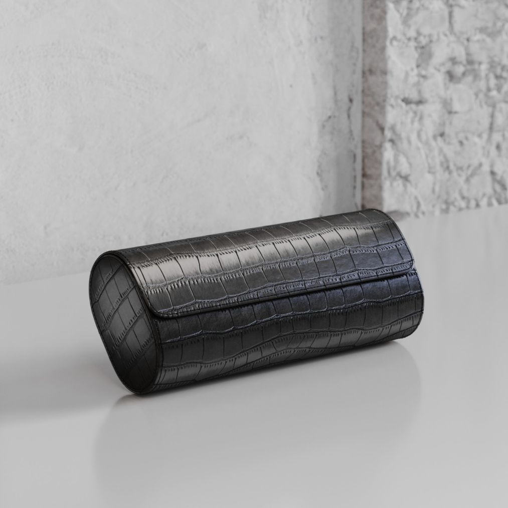 Etier Verdi Triple Watch Roll Black Crocodile Leather