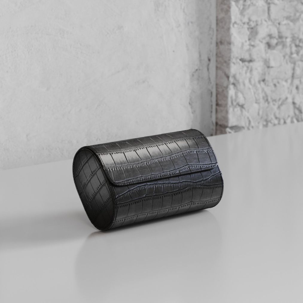 Etier Verdi Double Watch Roll Black Crocodile Leather