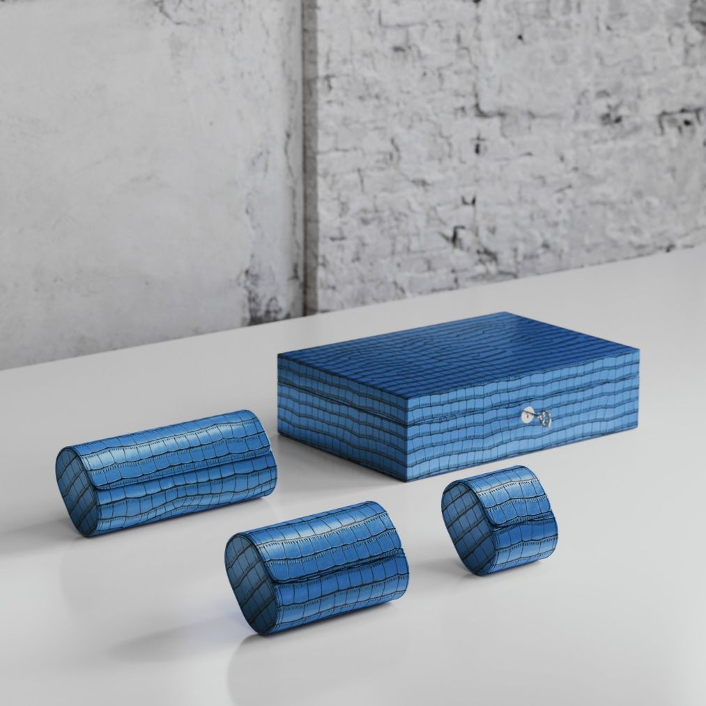 Etier Watch Rolls & Case Blue Crocodile Leather Set