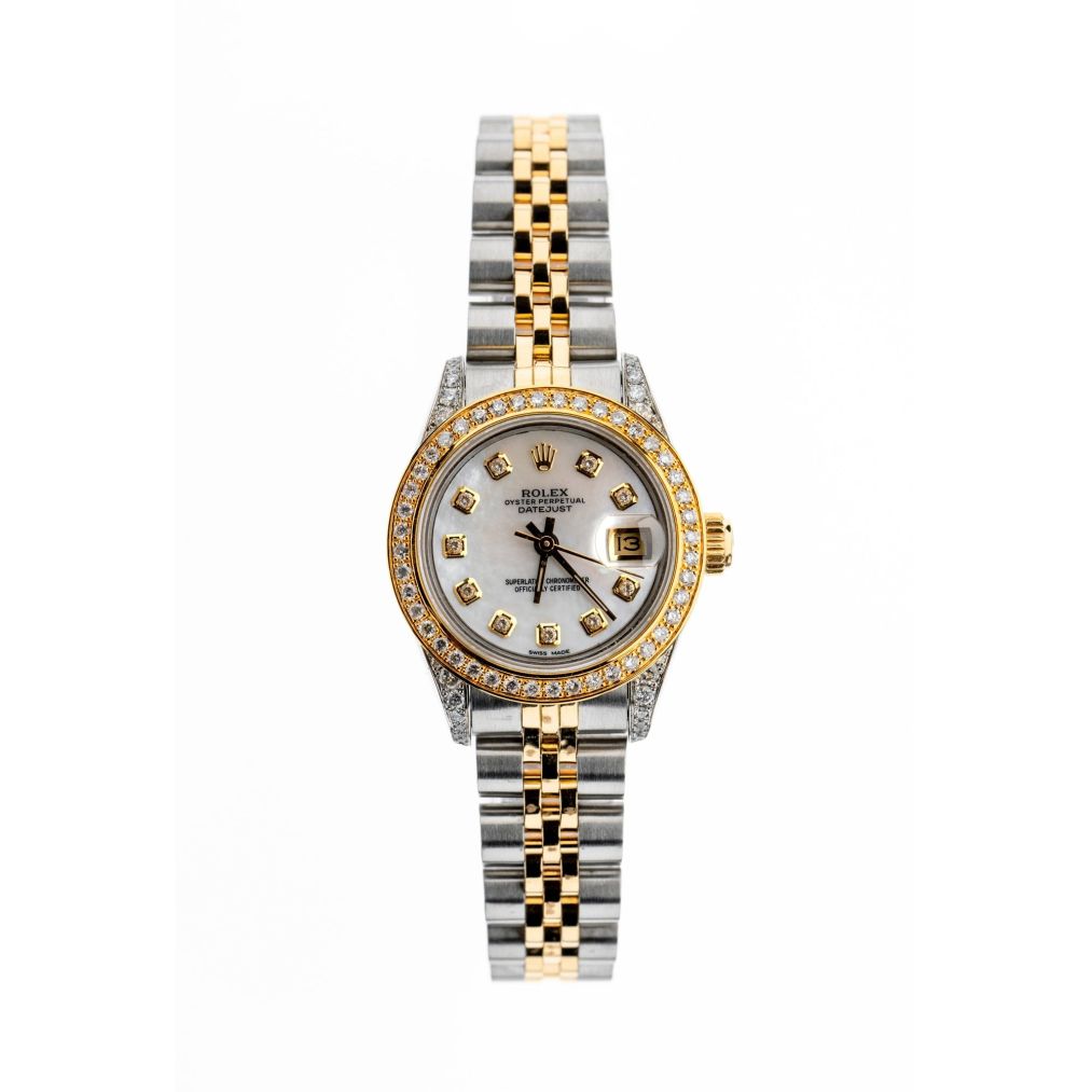 Rolex Datejust 26mm with Silver Mother of Pearl Dial, Diamond Bezel, and Diamond-Set Shoulders
