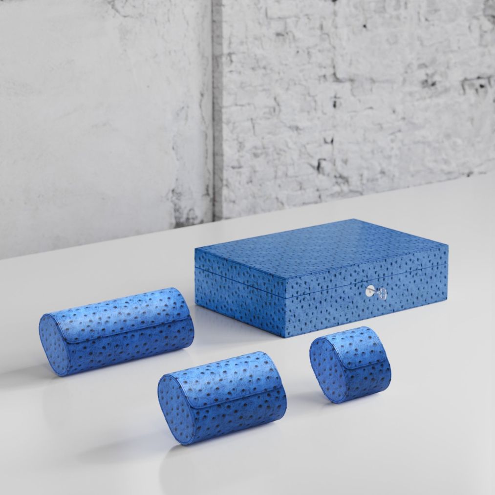 Etier Watch Rolls & Case Blue Ostrich Leather Set