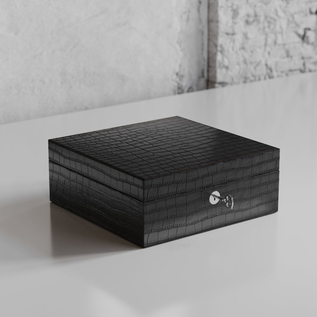Etier Tempo Four Watch Case Black Crocodile Leather