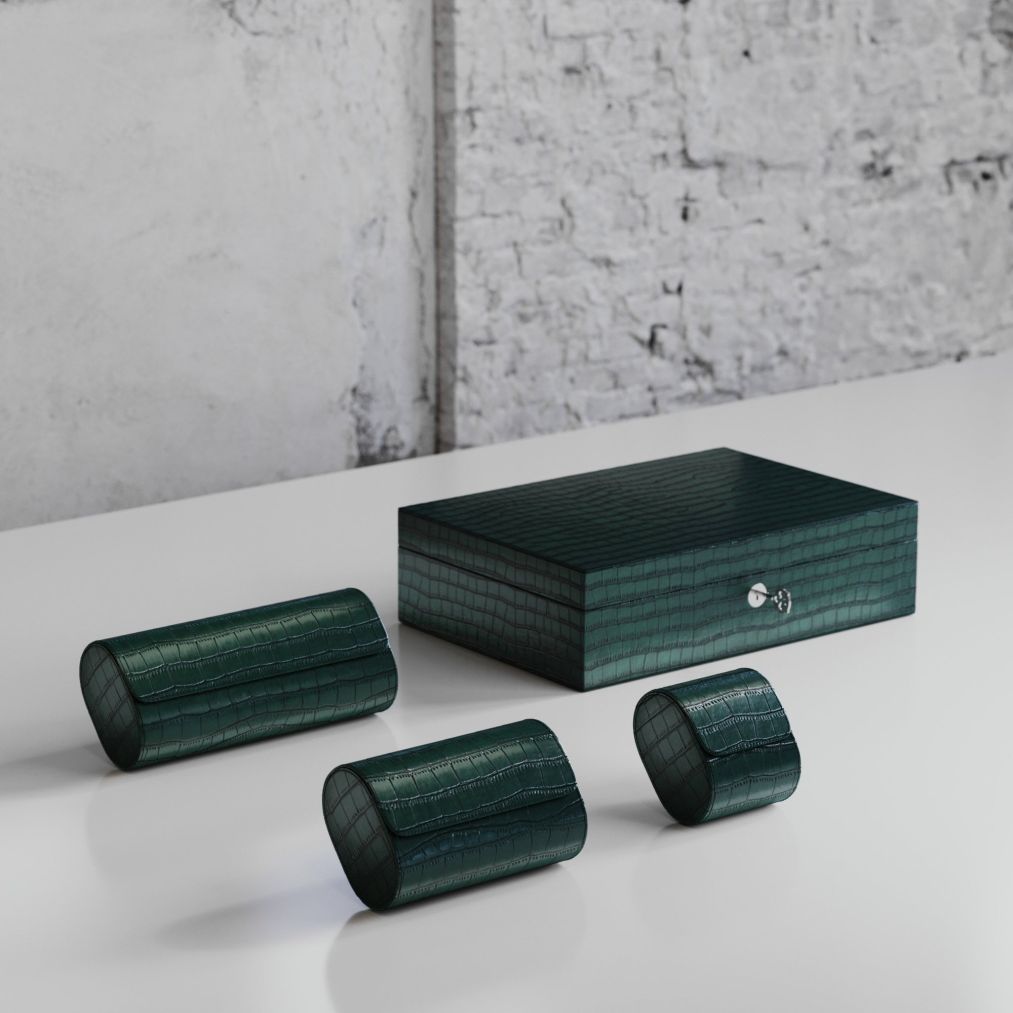 Etier Watch Rolls & Case Green Crocodile Leather Set