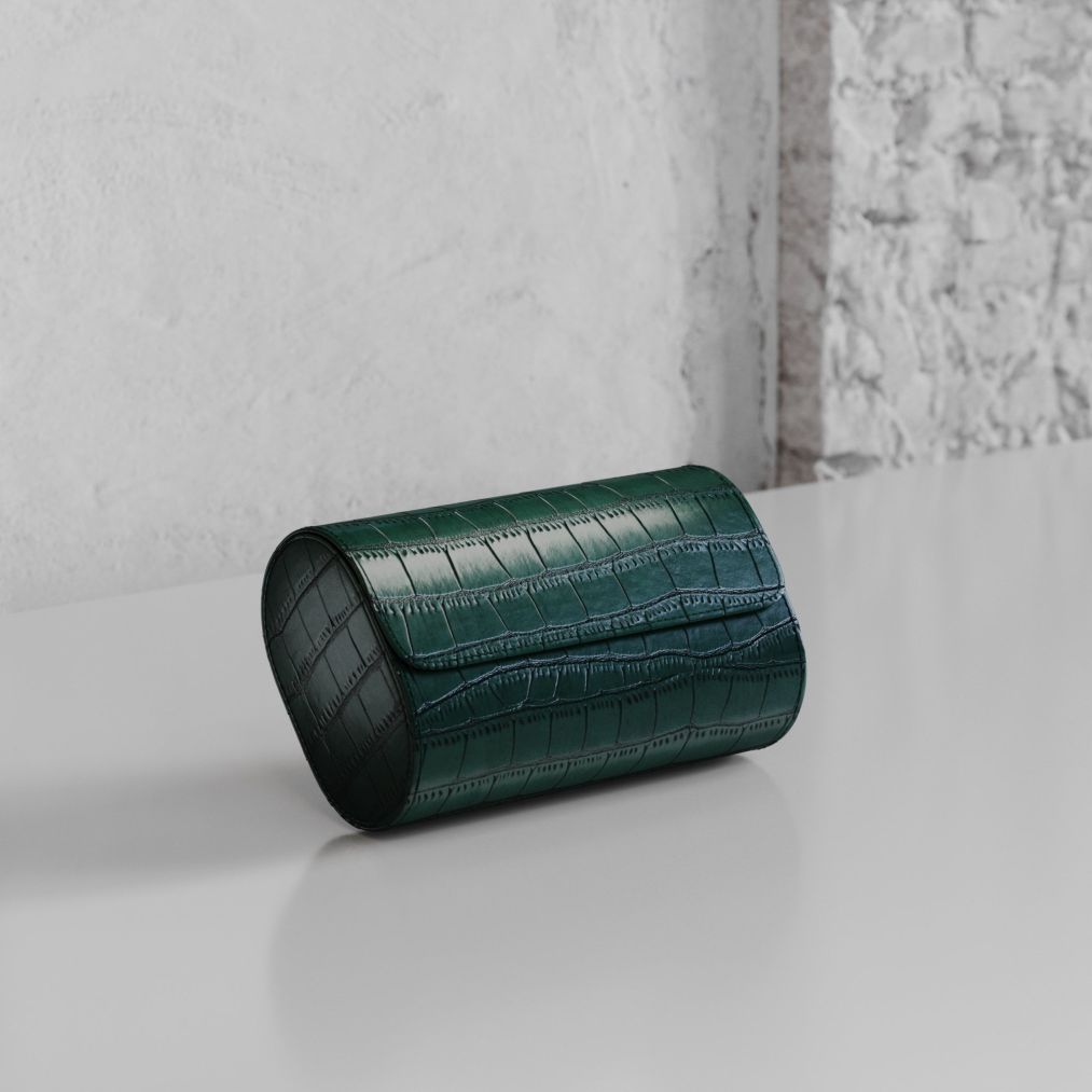Etier Verdi Double Watch Roll Green Crocodile Leather