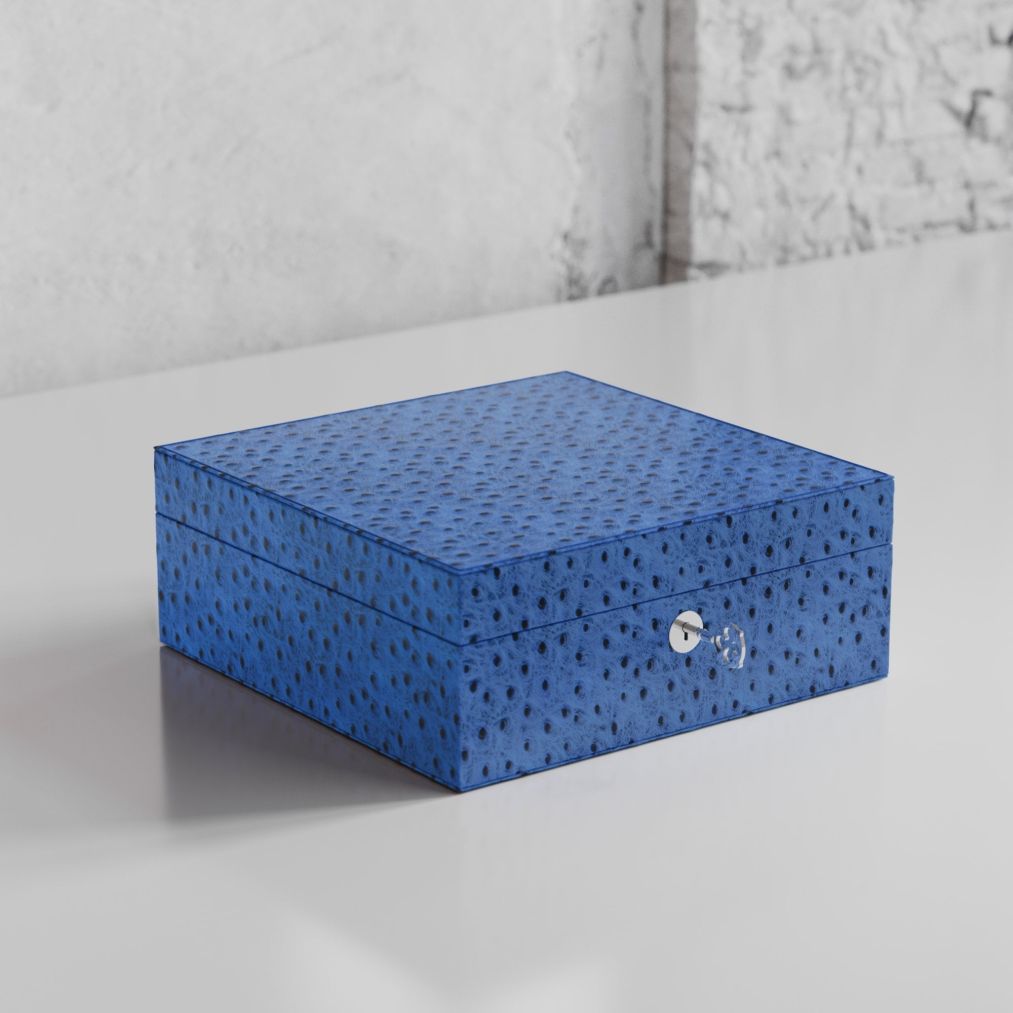 Etier Vigo Four Watch Case Blue Ostrich Leather