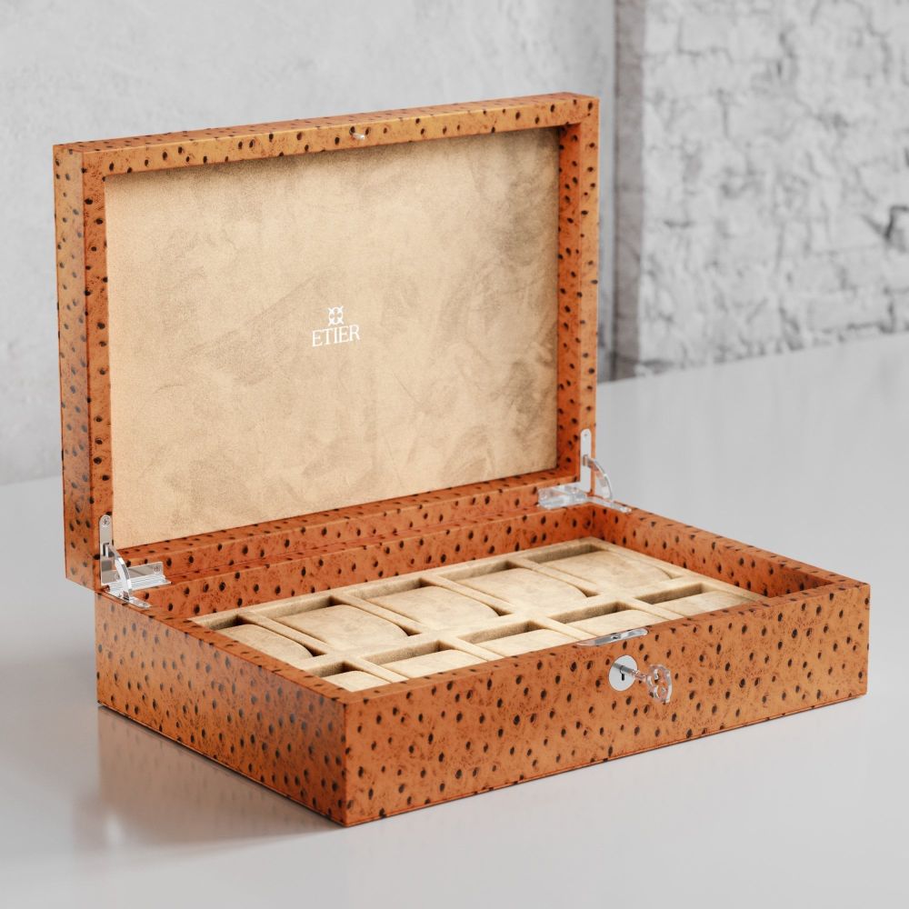 Etier Struzzo Ten Watch Case Tan Ostrich Leather