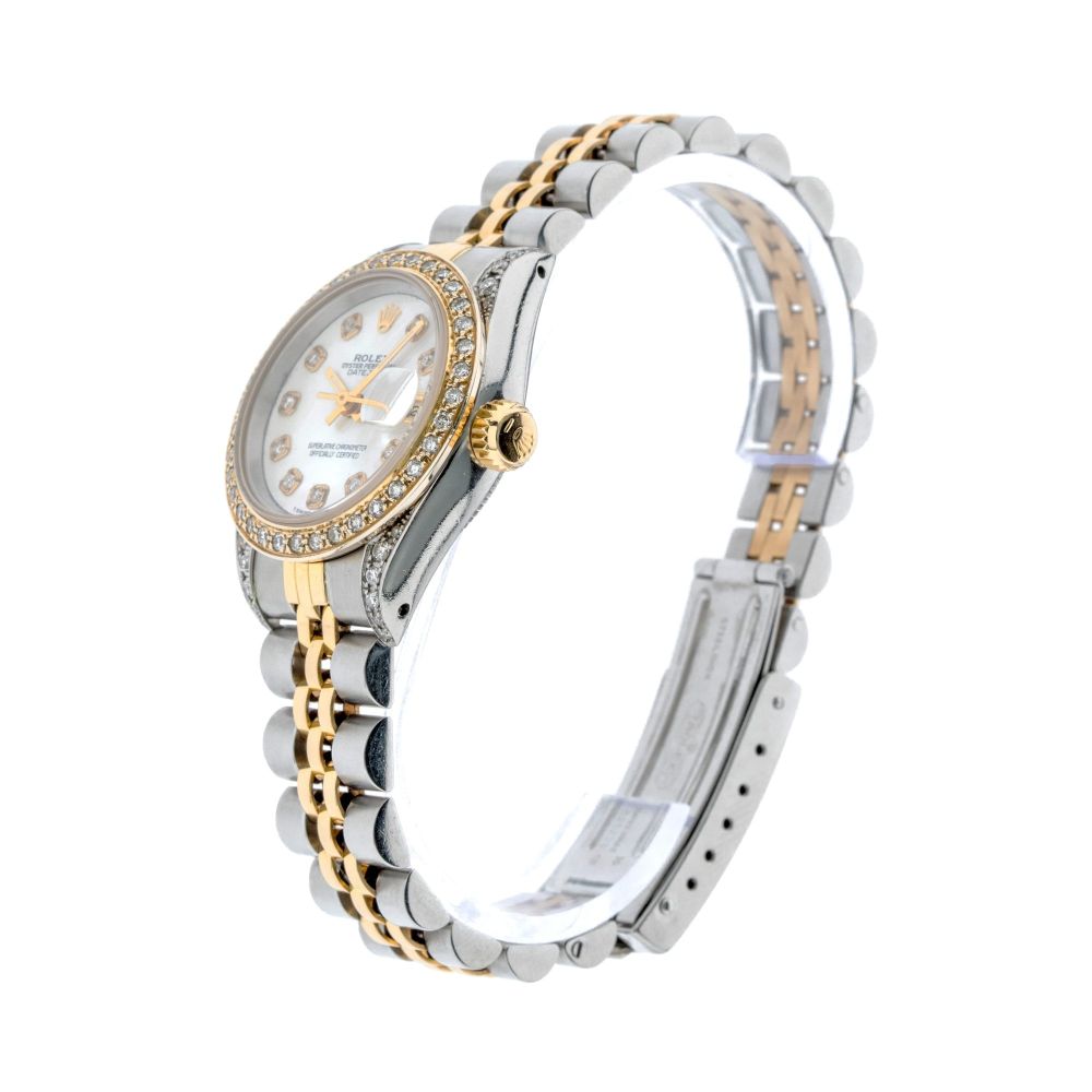 Rolex Datejust 26mm with White Mother of Pearl Dial, Diamond Bezel, and Diamond-Set Shoulders