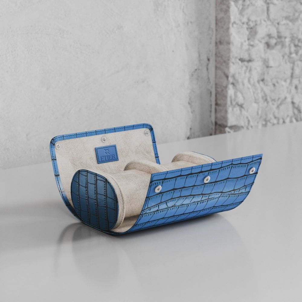 Etier Verdi Double Watch Roll Blue Crocodile Leather