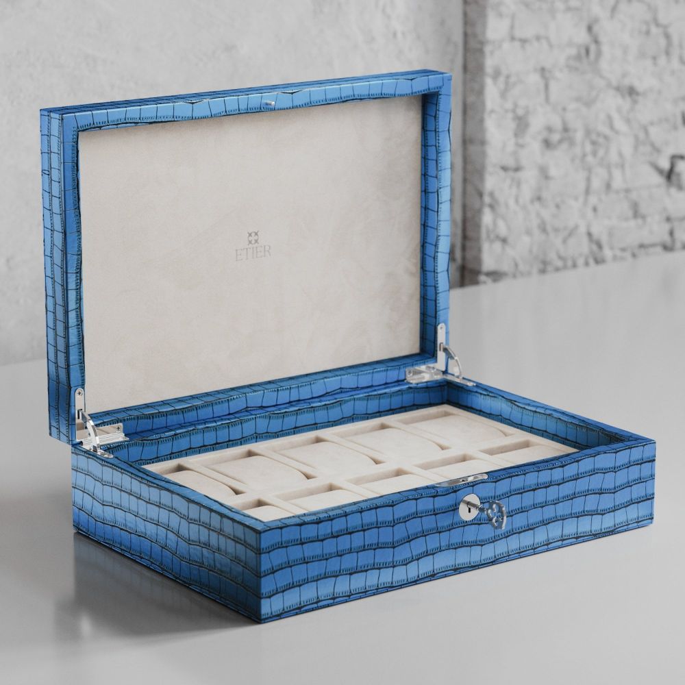 Etier Zegato Ten Watch Case Blue Crocodile Leather